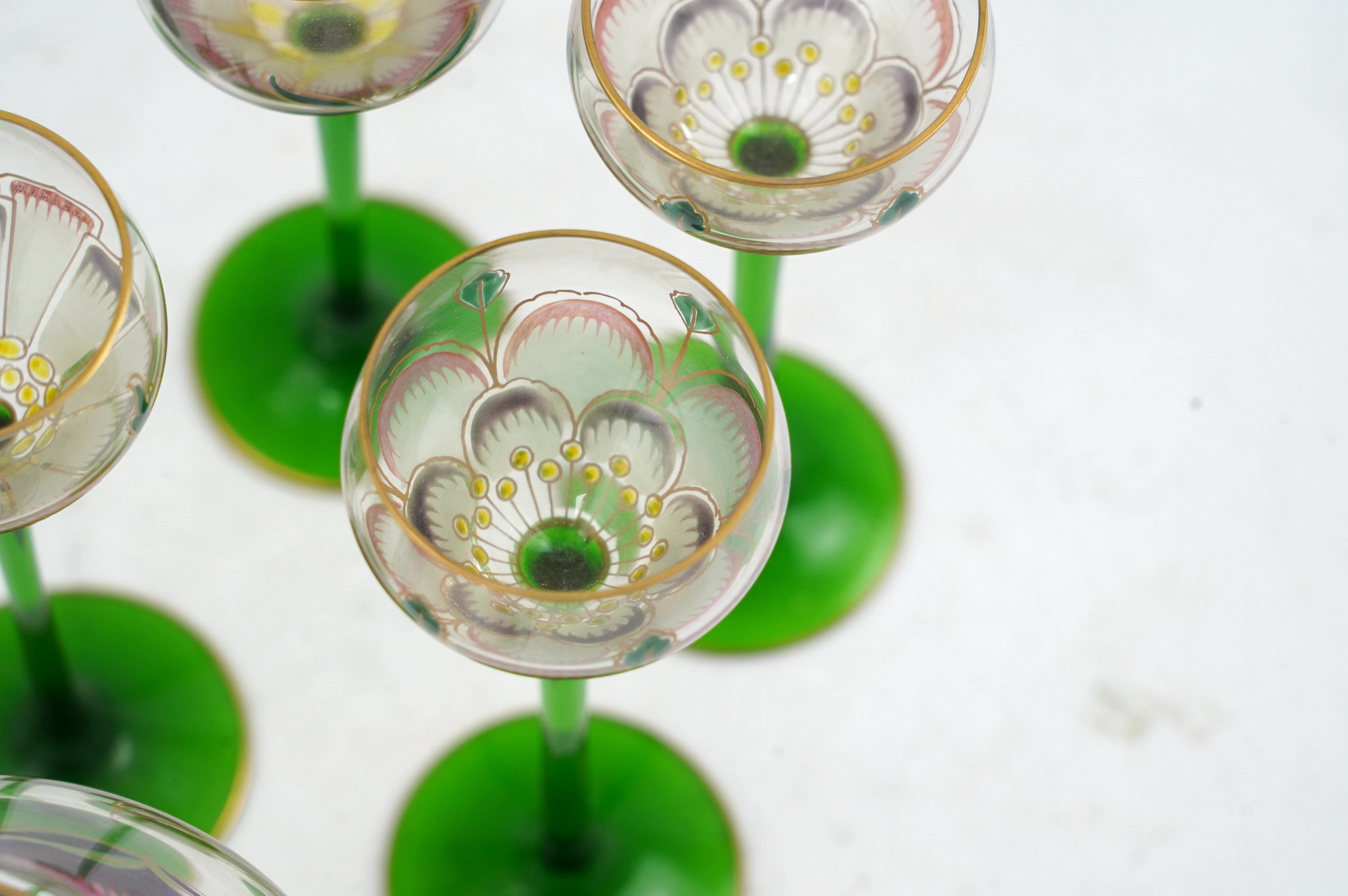 A Theresienthal Jugendstil hand-enamelled glass cordial set, c.1910